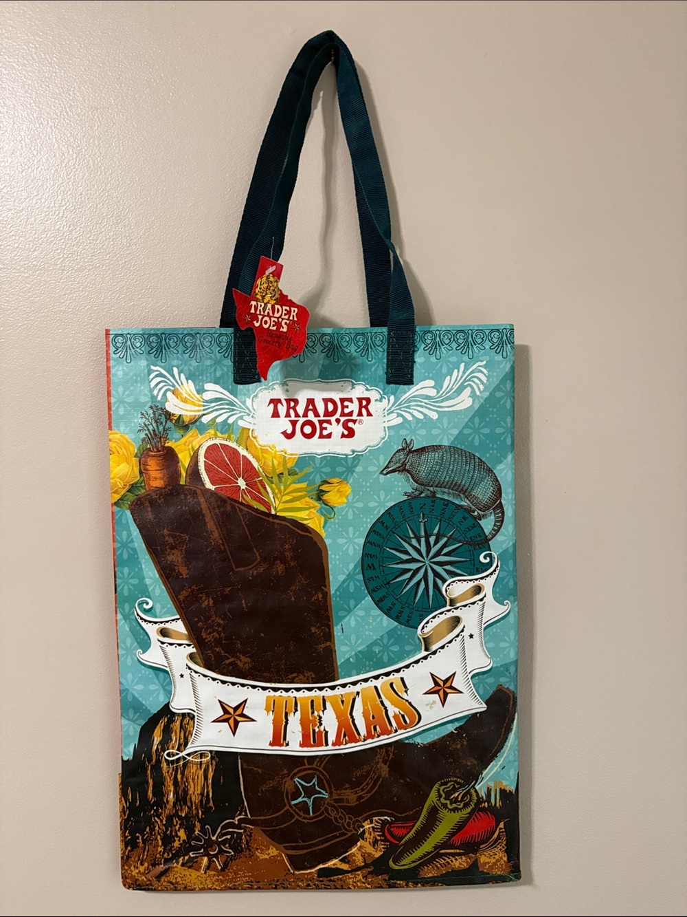 Trader Joe's Texas Reusable Tote Bag - Teal Cowboy Graphic BNWT